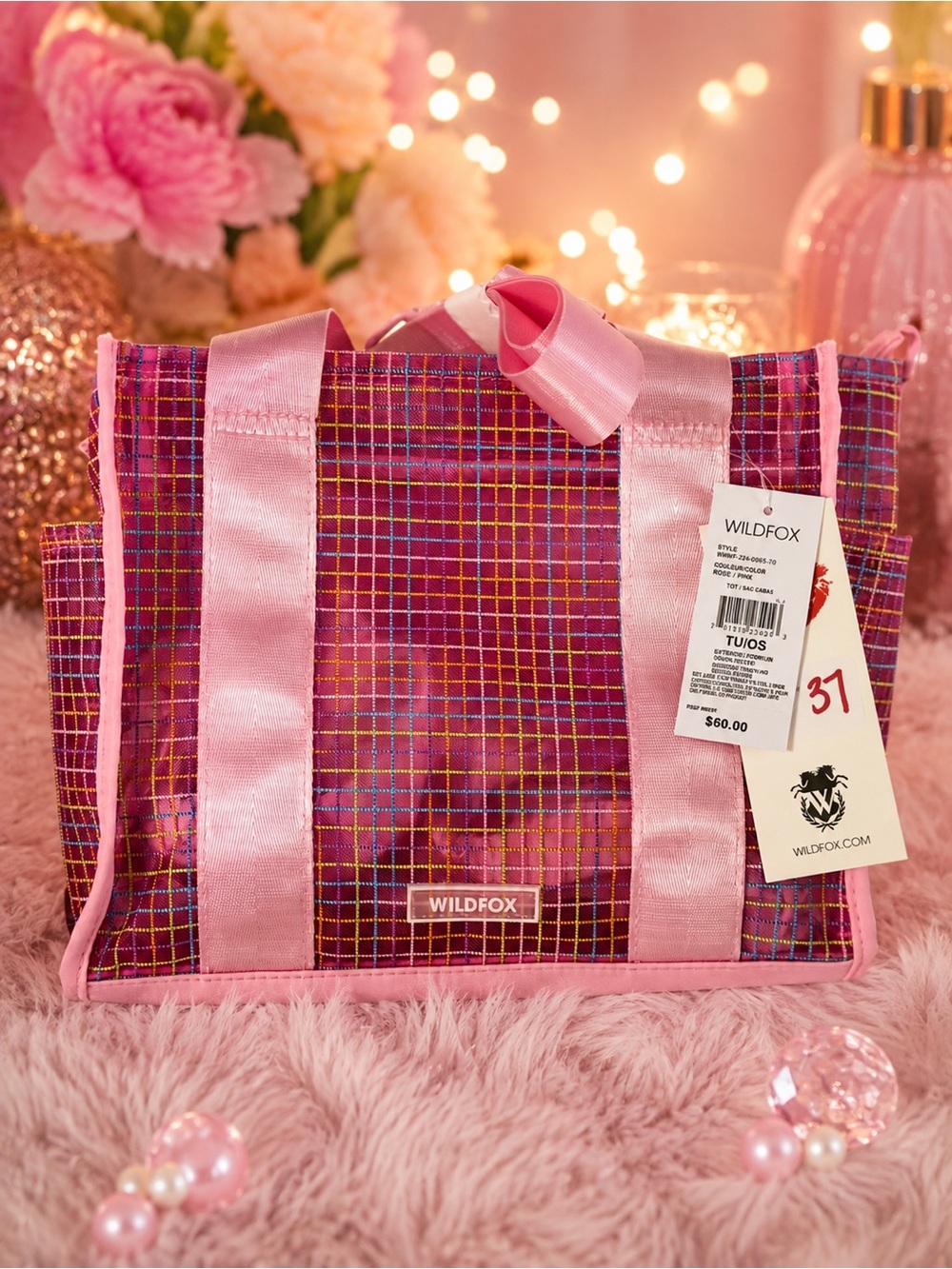 WILDFOX Pink Plaid Satin-Trim Tote w/Crossbody Strap